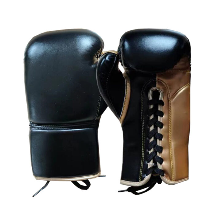 Premium Lace-Up Boxing Gloves – Black & Gold Leather