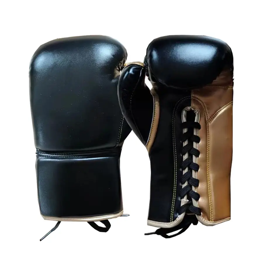 Premium Lace-Up Boxing Gloves – Black & Gold Leather