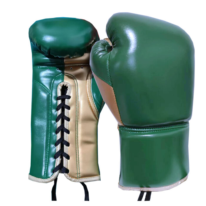 Premium Lace-Up Boxing Gloves – Green & Gold Leather
