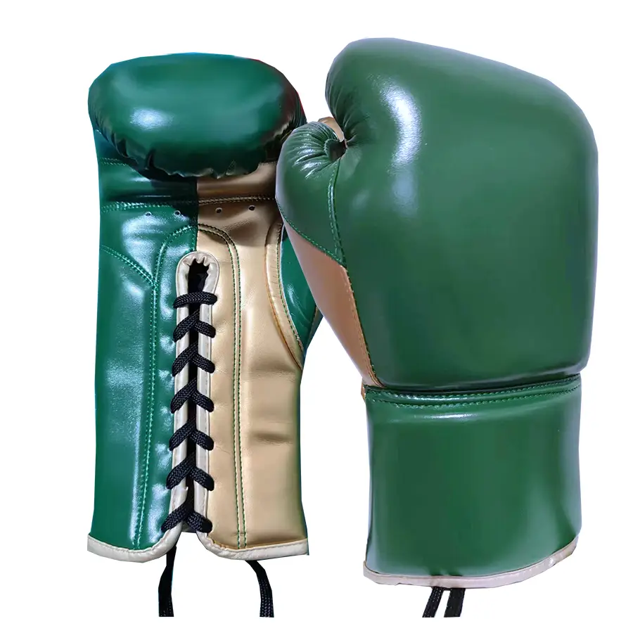 Premium Lace-Up Boxing Gloves – Green & Gold Leather